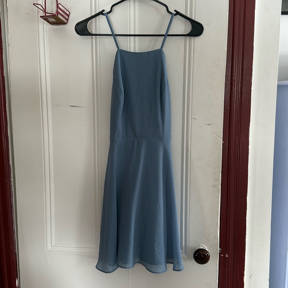 Lulus - mini blue chiffon dress, open back